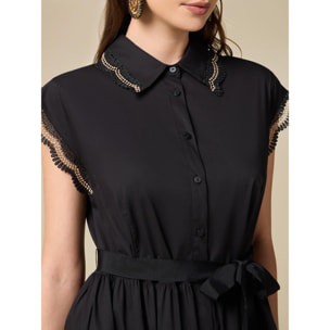 Oltre - Vestido camisero con detalles de macramé - Negro