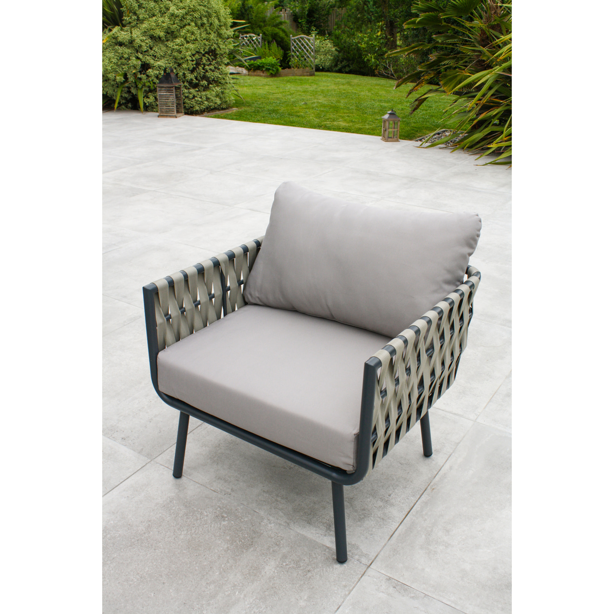 ANTIBES - Salon de jardin 5 places avec lanières de tissu tressées