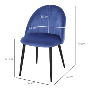 Lot de 2 chaises velours bleu pieds métal noir dim. 52L x 54l x 79H cm