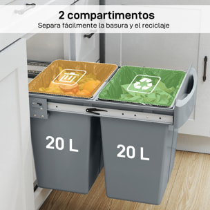 Cubo de Basura bajo Fregadero, Cubo de Basura Cocina, 2 Contenedores de Reciclaje Extraíble, 2 x 20 L, Deslizamiento Suave, Asa, Tapa con Patrón de Diamante, Gris