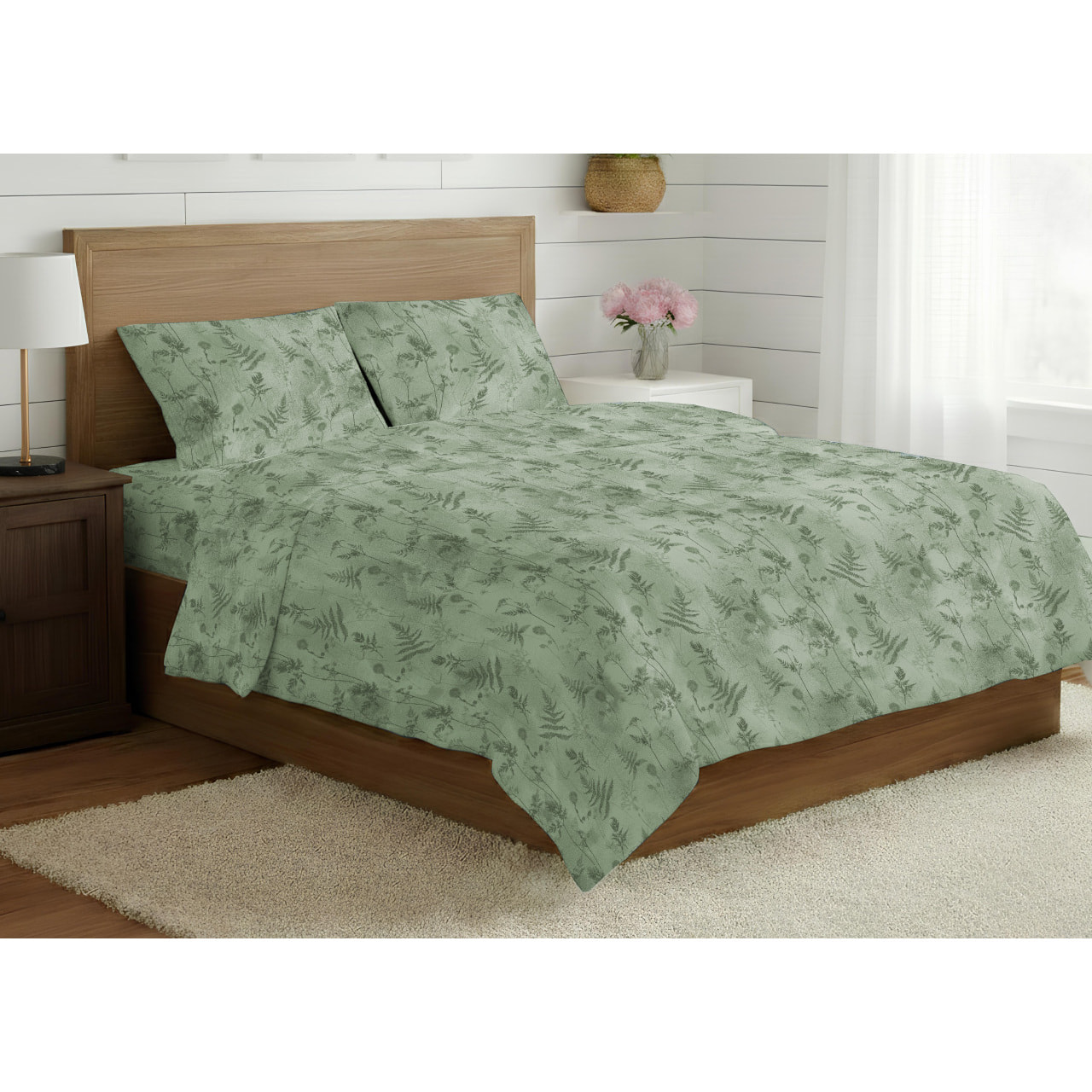 Parure Copripiumino 100% Cotone Made In Italy Fantasia Floreale Disegno Soffione Verde