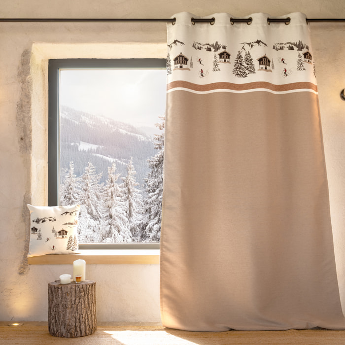 Rideau jacquard à œillets avec motif chalets et sapins - Beige