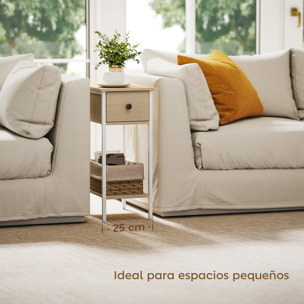 Mesa Auxiliar Estrecha Mesita Auxiliar Industrial con Cajón Estante Abierto y Estructura Metálica para Salón Dormitorio 25x39,8x58,2 cm Natural