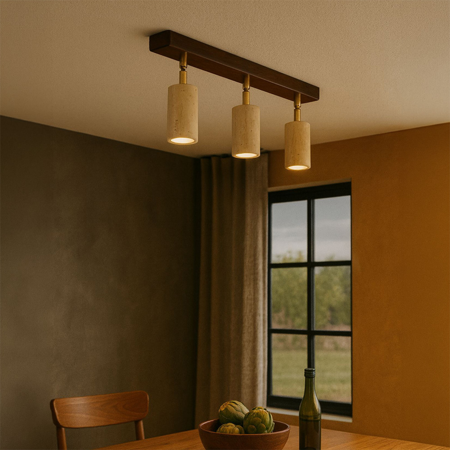 Luminaire design 3 spots orientables en travertin et effet bois TIVOLI