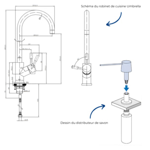 Robinet cuisine Umbrella + Distributeur de savon Or mat