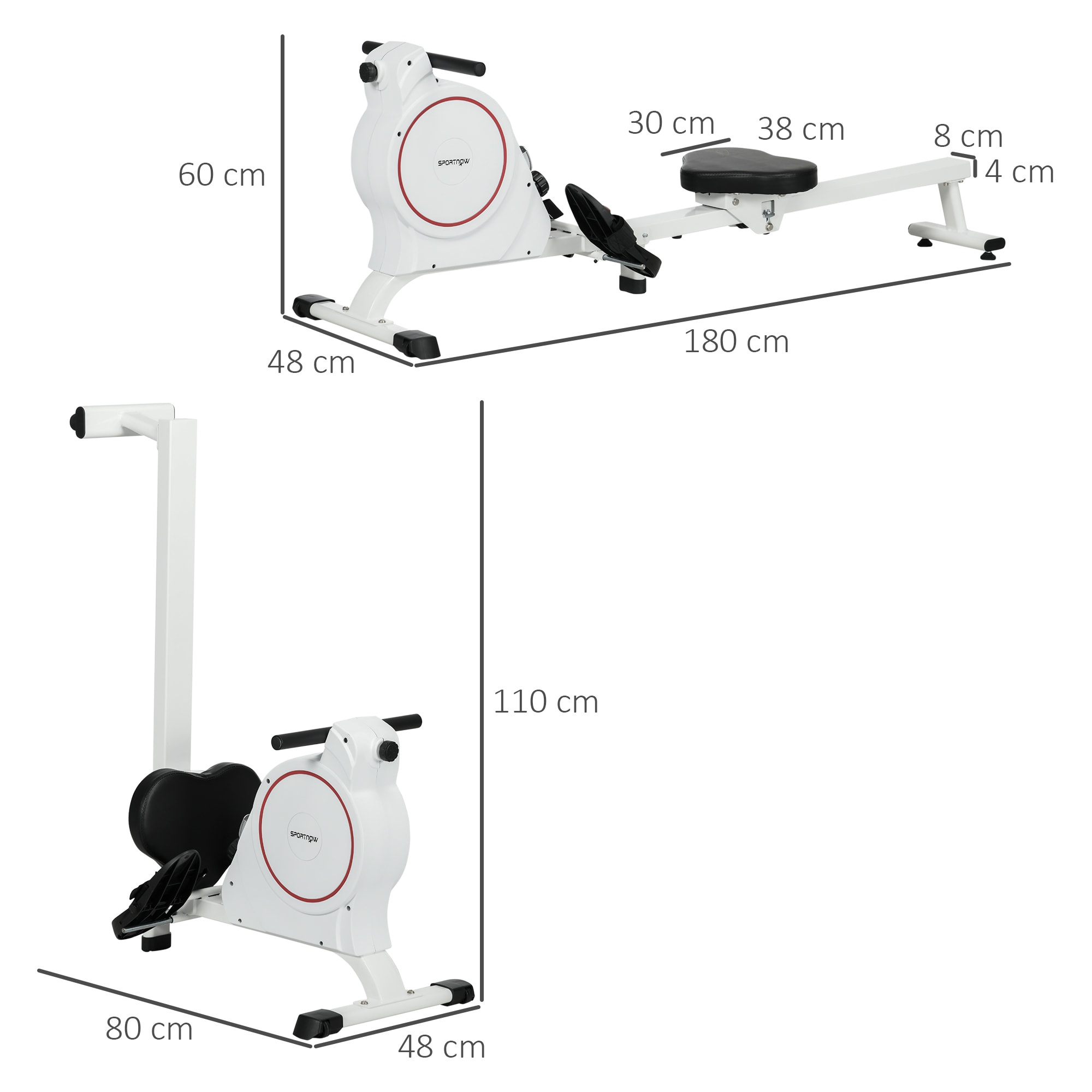 Máquina de Remo Magnético Remo para Casa Plegable con Resistencia de 8 Niveles Pantalla LCD y 2 Ruedas de Transporte para Gimnasio Carga 130 kg 180x48x60 cm Blanco