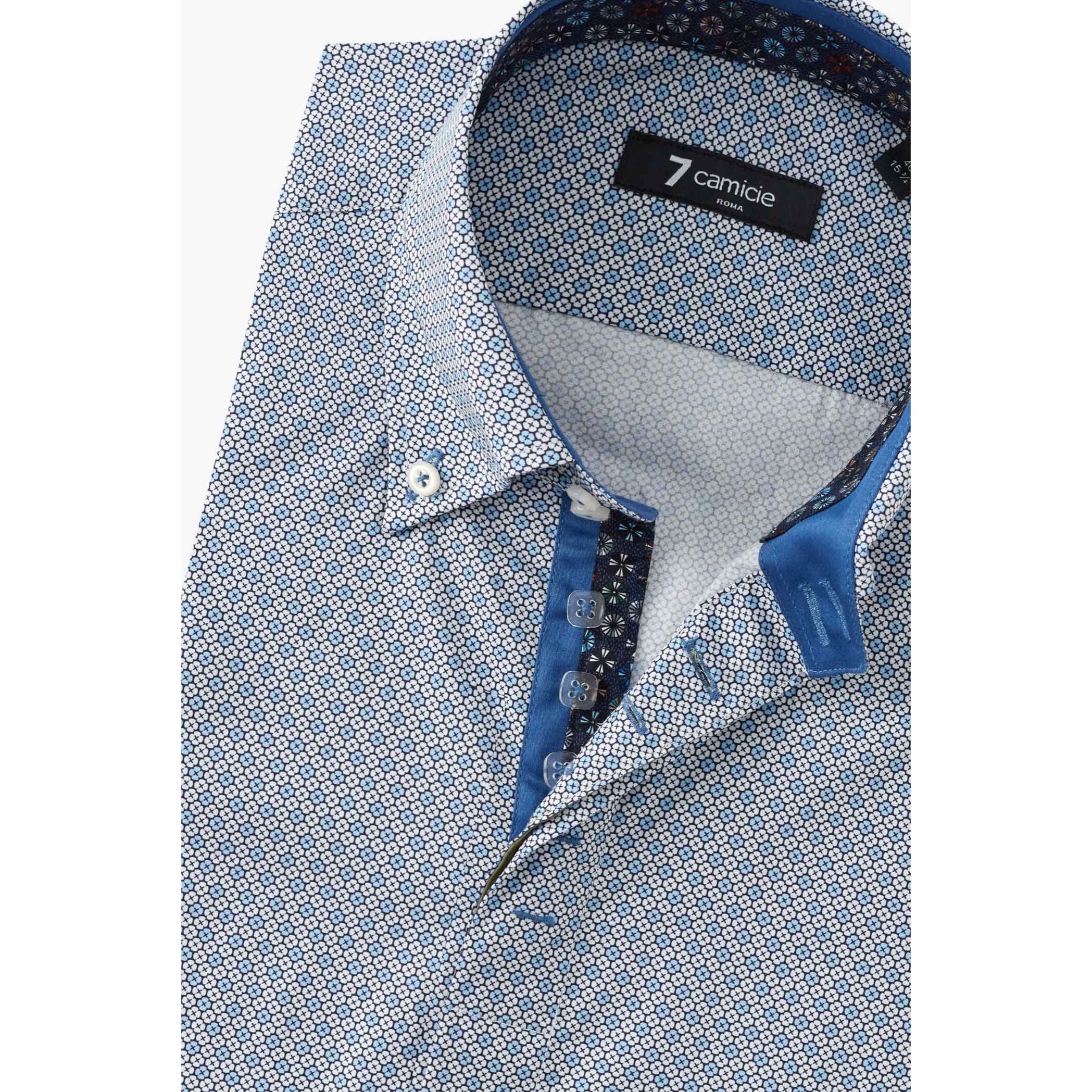 Camicia Uomo 2 Bottoni Button Down Slim Popeline Stampato Bianco/Celeste