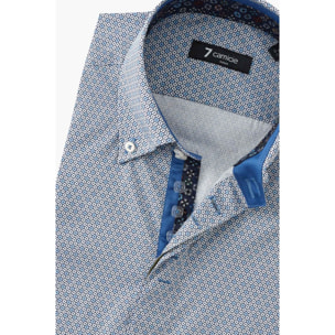 Camicia Uomo 2 Bottoni Button Down Slim Popeline Stampato Bianco/Celeste