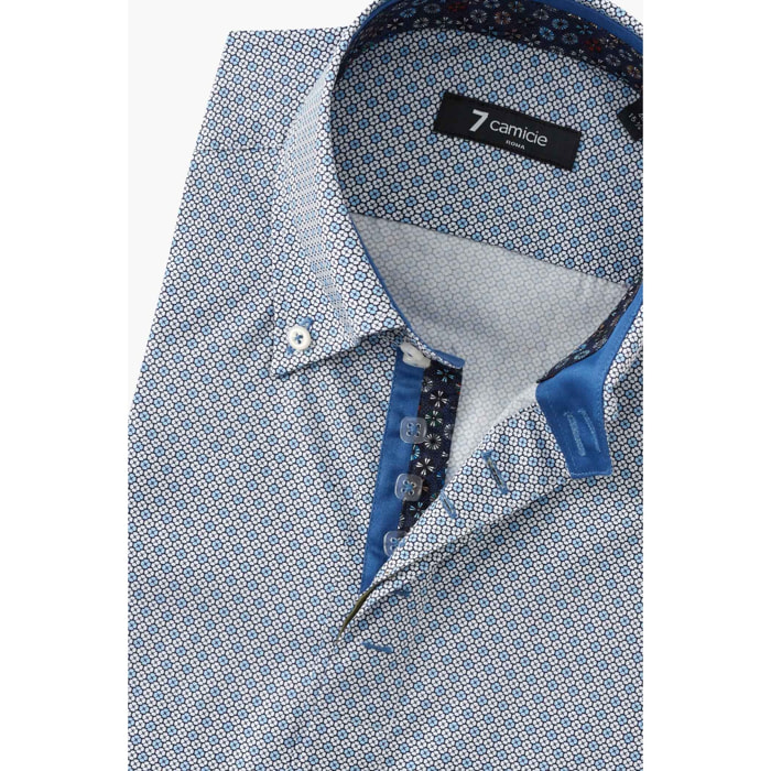 Camicia Uomo 2 Bottoni Button Down Slim Popeline Stampato Bianco/Celeste