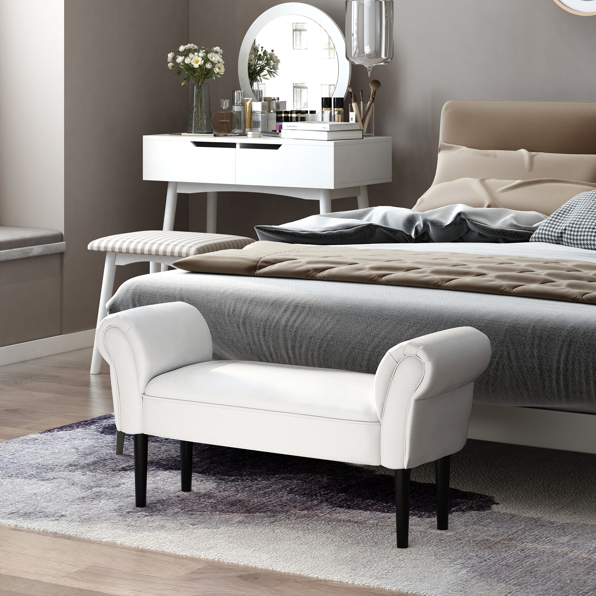 Taburete Pie de Cama Banqueta con Brazos Tapizada tipo Banco de Madera para Dormitorio Salón Recibidor 102x36x51cm Carga 130kg