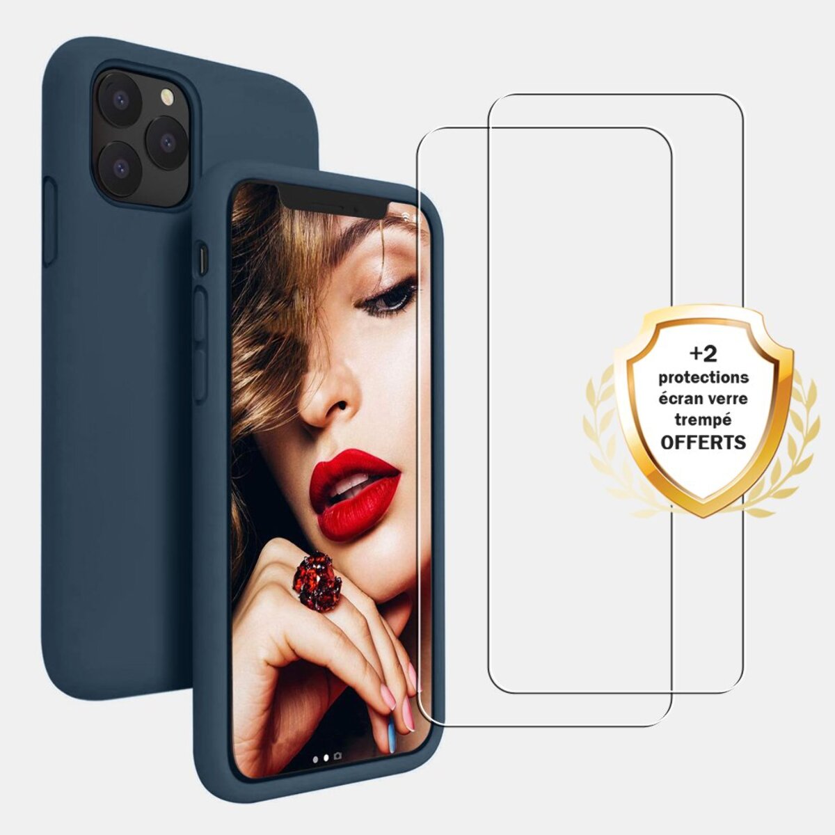 Coque iPhone 11 Pro Silicone liquide Bleu Marine + 2 Vitres en Verre trempé Protection écran Antichocs