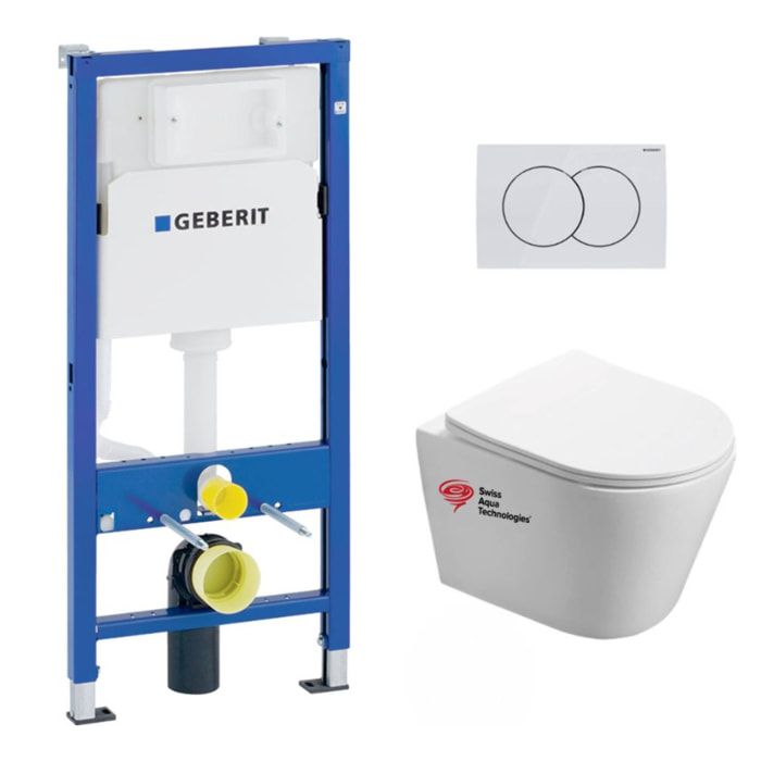 Pack WC sans bride Infinitio, fixations invisibles + Abattant softclose slim + Bâti support Geberit UP100 + Plaque blanche