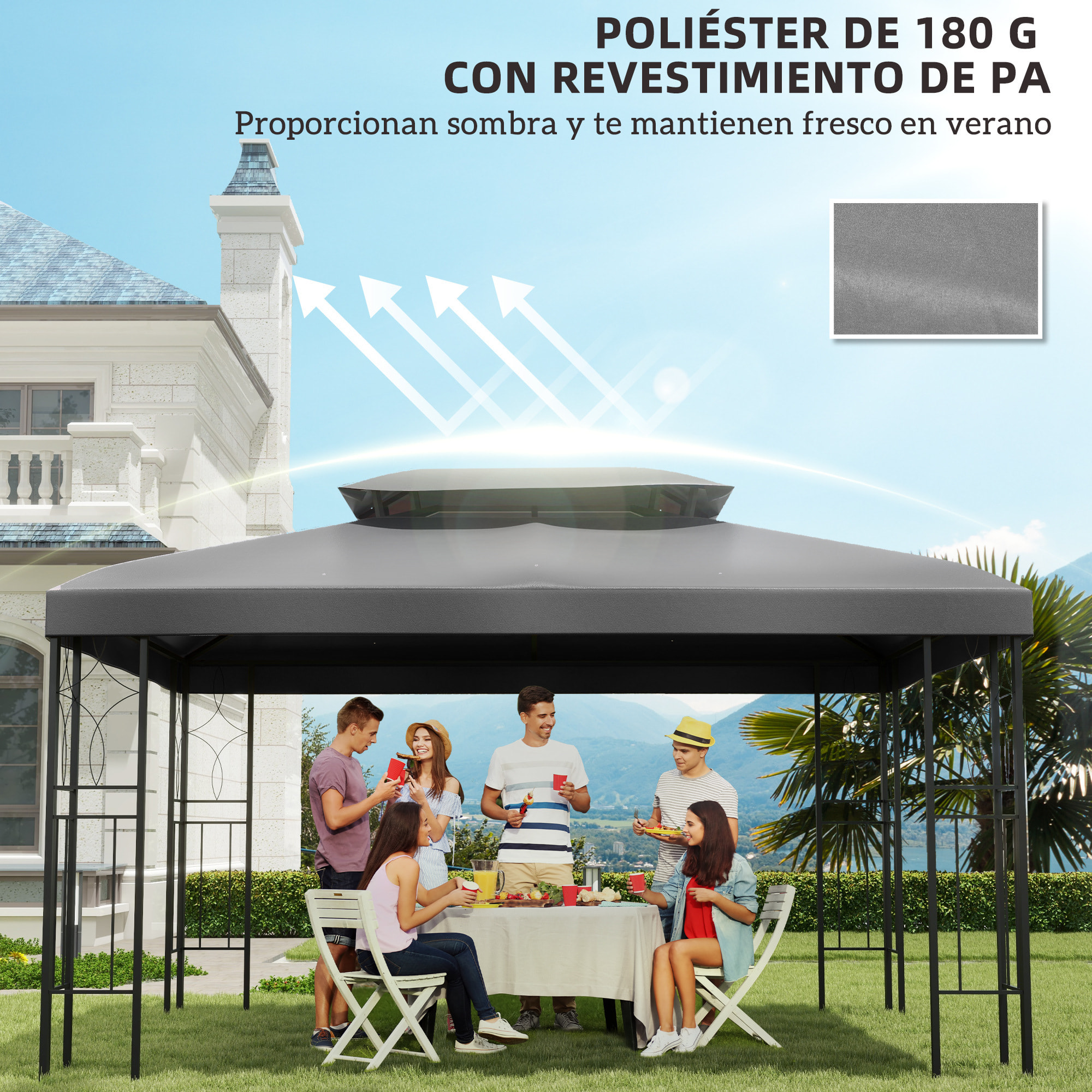 Techo de Repuesto para Cenador 4x3 m Cubierta de Repuesto con Techo Doble 10 Orificios de Drenaje y Protección UV Toldo de Recambio para Pabellón Gazebo Gris Claro