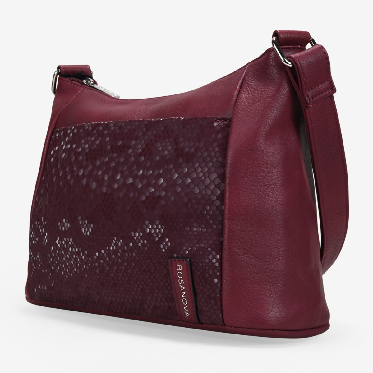 Bolso bandolera burdeos con bolsillo con grabado de serpiente