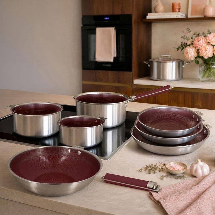 Batterie de cuisine 10 pièces en acier inoxydable lie de vin AGLAE