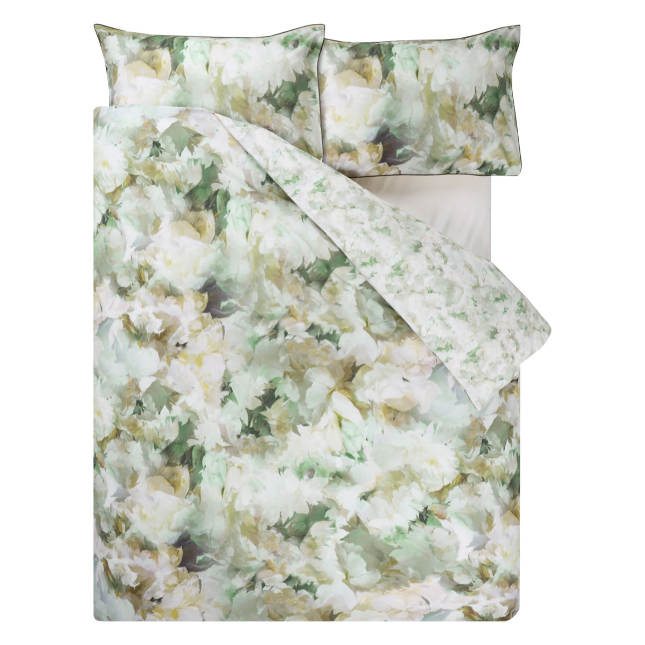 Housse de couette imprimée en percale de coton, FLEURS DE JOUR CELADON, Vert