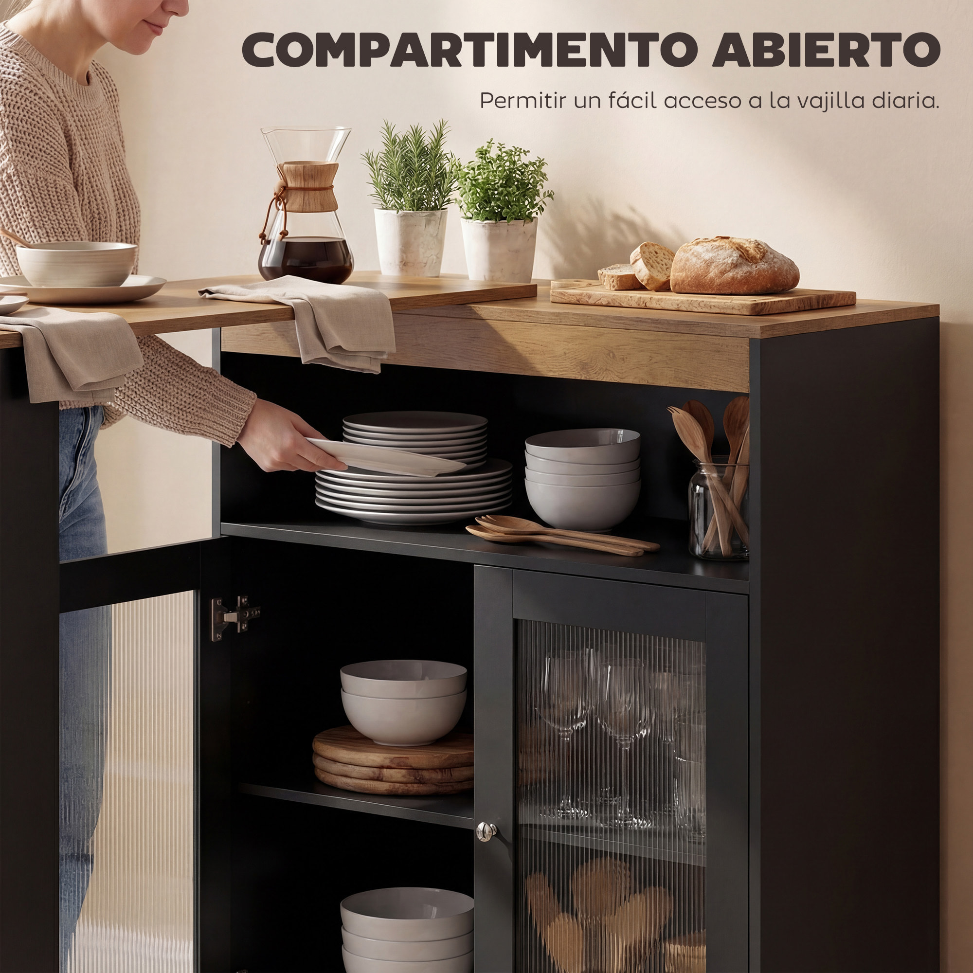Mesa de Bar Extensible y Giratoria 90°, Mesa Alta Cocina con Estantes Abiertos y 2 Puertas de Vidrio para Comedor, 150x80x105,5 cm, Negro y Natural