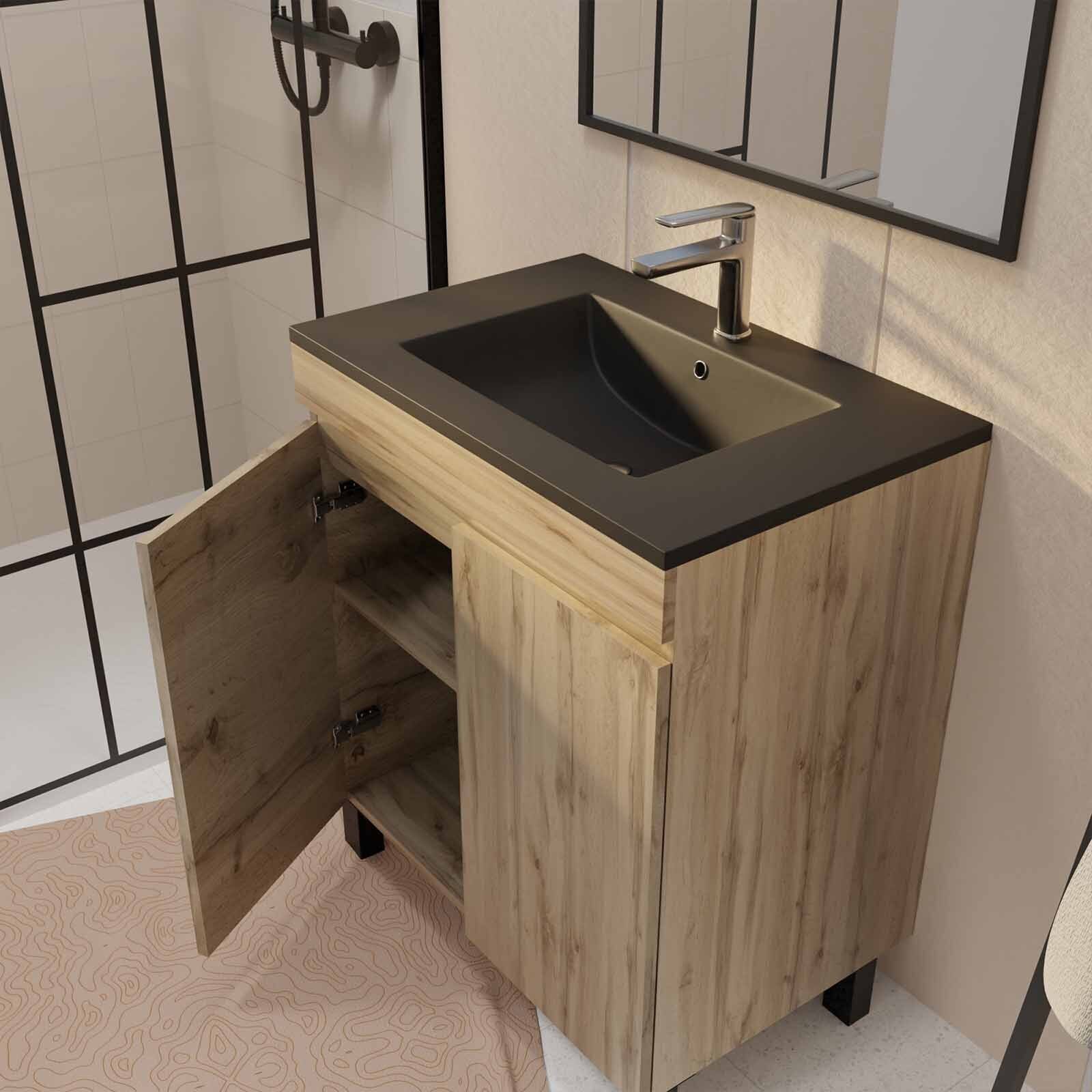 Meuble de salle de bains 70cm TIMBER Décor Chêne Naturel à Portes Vasque Noire et Miroir 70x50