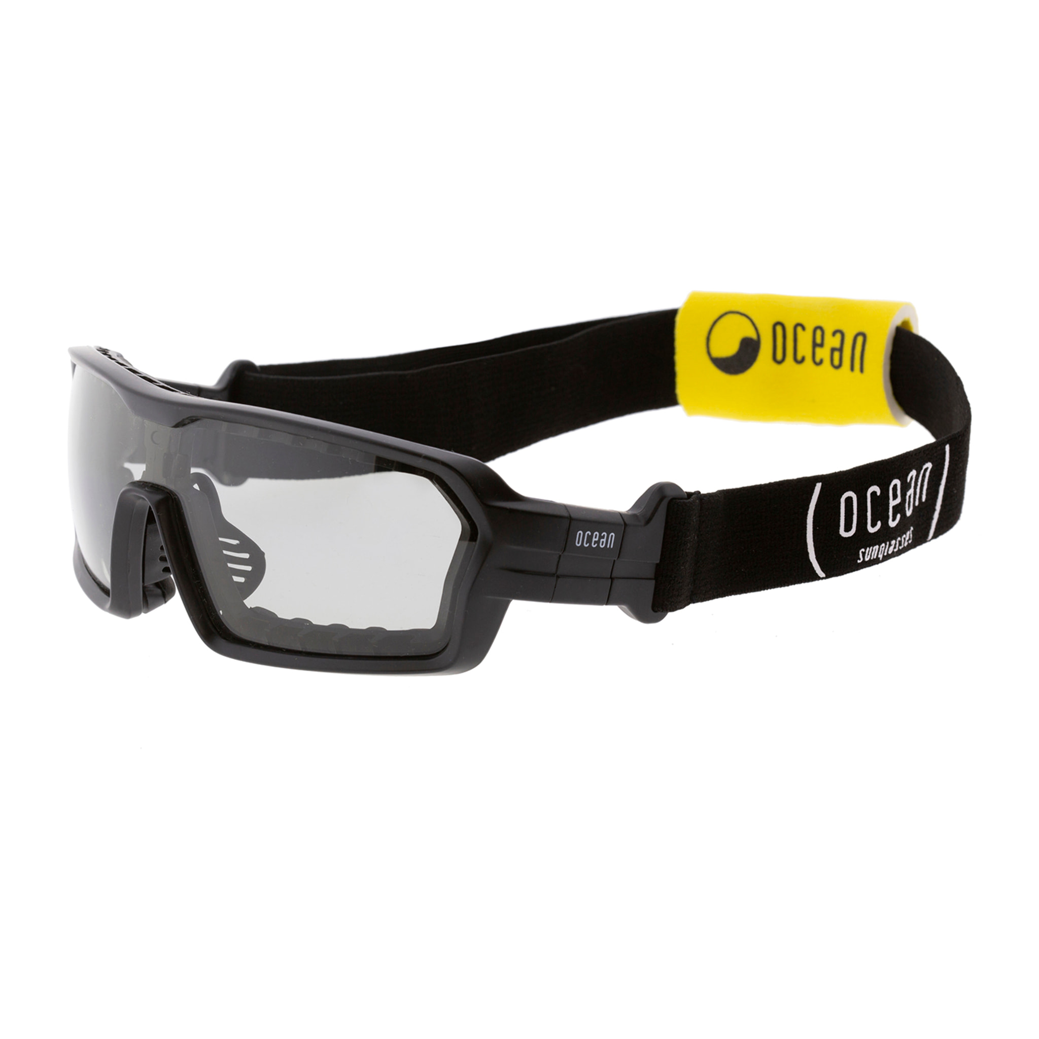 Gafas de deportes acuáticos OCEAN CHAMELEON - Negro brillante / Fotocromáticas con almohadilla nasal puntas y espuma negras con correa negra