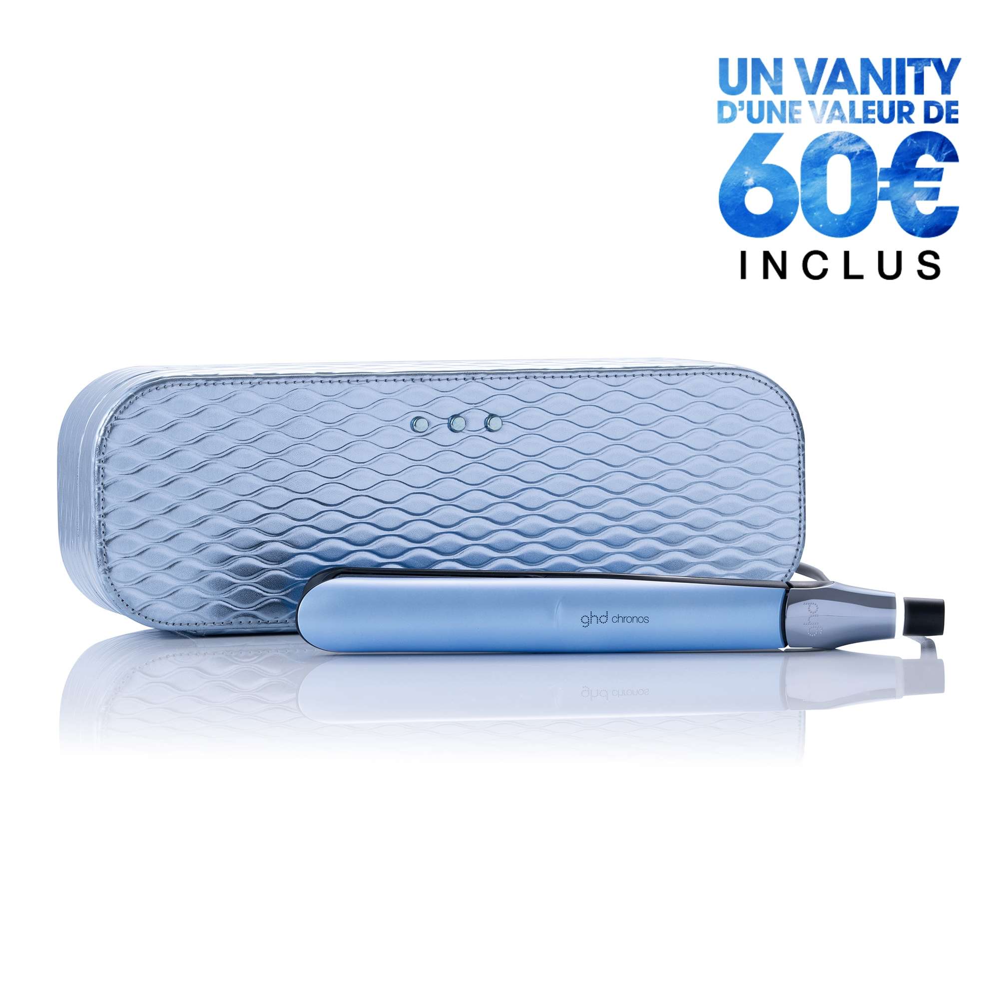 Lisseur ghd chronos bleu glacier et son vanity de rangement