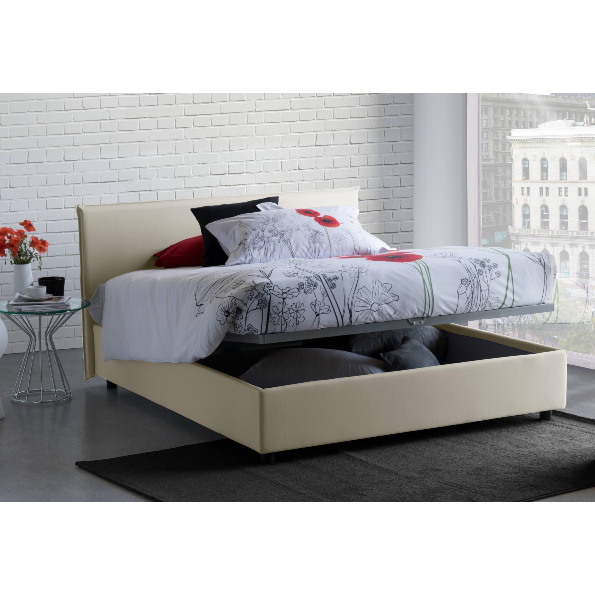 Letto piazza e mezza Astrid, Letto contenitore con rivestimento in tessuto, 100% Made in Italy, Apertura frontale, adatto per materasso Cm 120x200, Beige