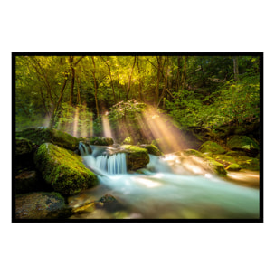 Affiche encadrée ruisseau en forêt baigné de lumière Affiche + cadre en métal - Noir