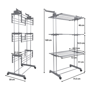 Stendibiancheria A Rotelle Stendino A Torre Verticale In Acciaio E ABS 4 Piani Pieghevole Salvaspazio Con Ali Richiudibile Biancheria Interno Grigio