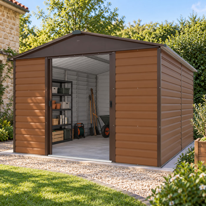 Abri de jardin métal aspect bois Yardmaster 10,46 m² + kit d'ancrage