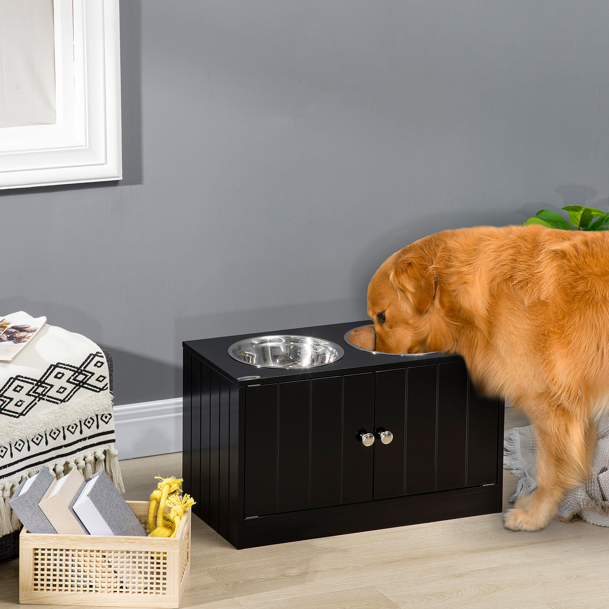 Gamelle double chien chat - porte-gamelles surélevé armoire 2 en 1 - 2 portes, 2 gamelles - acier inox. MDF noir