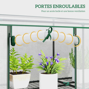 Serre de jardin balcon avec étagères métalliques 3 niveaux 3 portes acier noir PVC blanc