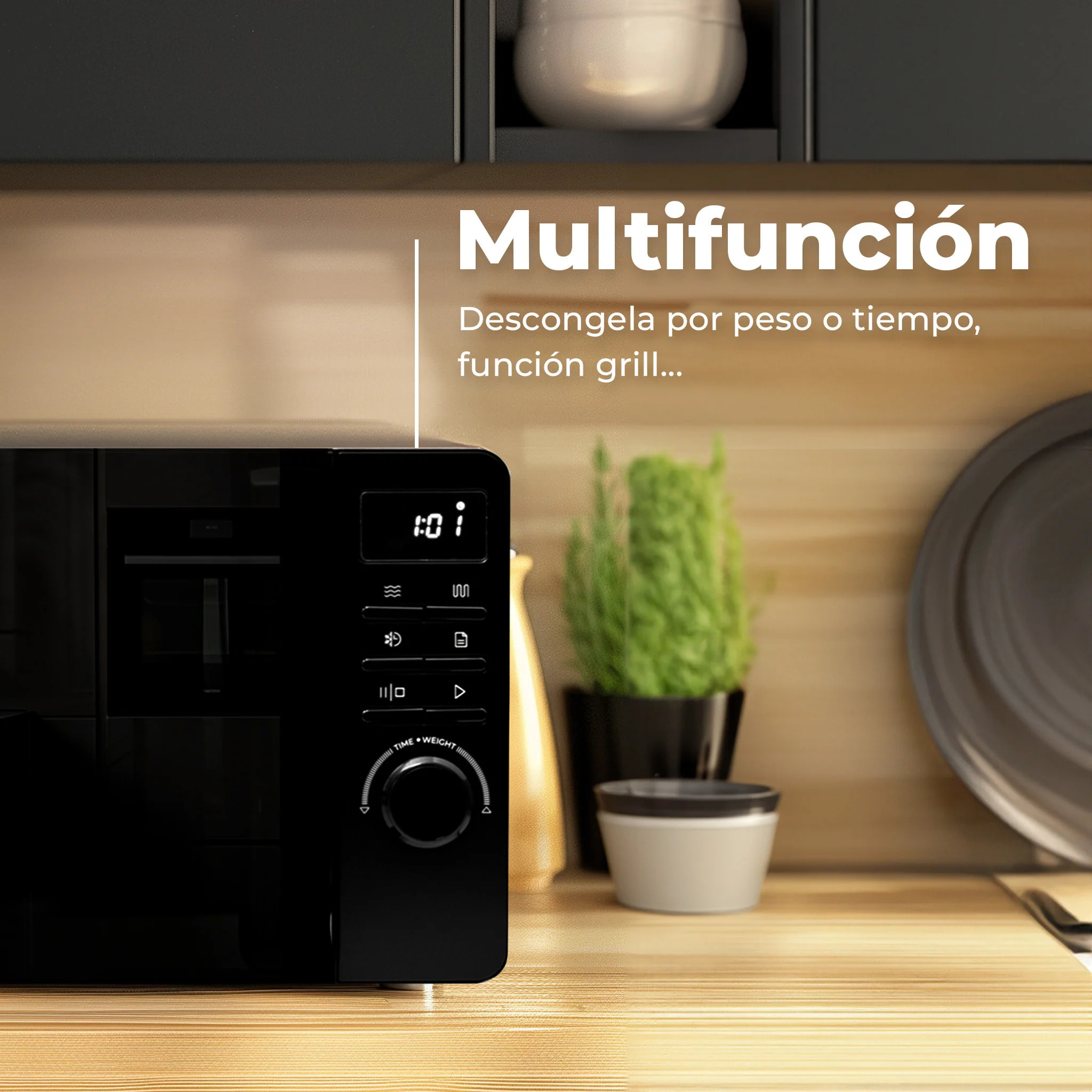 EVVO Microondas M20 Black, 20L de Capacidad, Grill 800W, Puerta Efecto Espejo, Multifunción, Función Descongelar, Temporizador 60 Minutos,Display Digital (Acabado Negro)