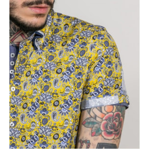 Camicia Uomo 2 Bottoni Button Down Triplo Collo Slim Popeline Stampa Giallo/Bianco