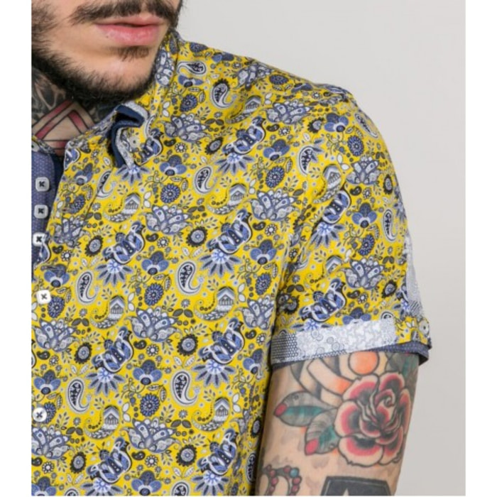 Camicia Uomo 2 Bottoni Button Down Triplo Collo Slim Popeline Stampa Giallo/Bianco