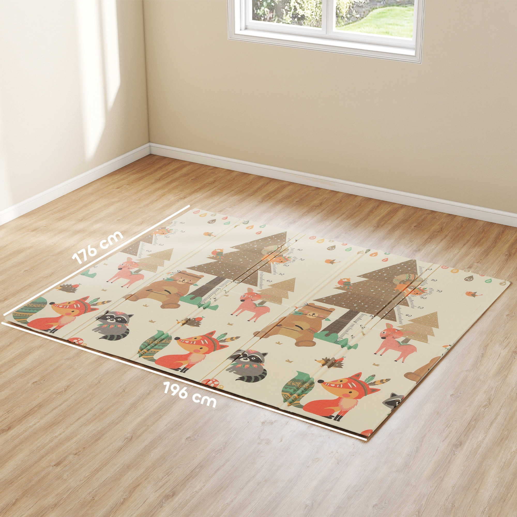 Alfombra Bebé Acolchada Plegable Reversible 196x176x1,5 cm Diseño de Bosque y Animales Tapete de Actividades Bebé XPE Doble Cara Impermeable Multicolor