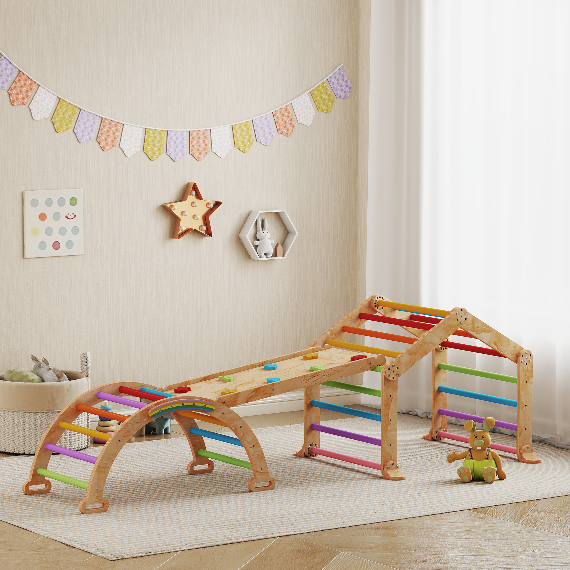 Triangle d'escalade enfant pliable 9 en 1 - aire de jeu enfant - bois naturel multicolore