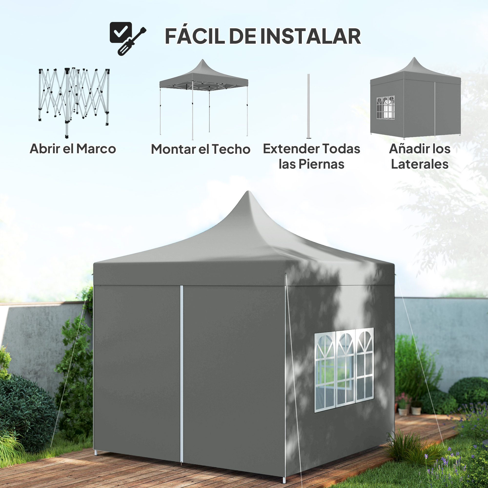 Carpa Plegable Pop-up Gazebo 3x3 m Cenador Plegable con 4 Paredes Laterales Anti-UV Altura Ajustable Marco Metálico Robusta y Bolsa de Transporte para Camping Fiestas Gris