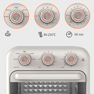 Horno freidora de aire con 18 litros de capacidad. Panel de control mecánico con 1800W de potencia, modos de cocción preestablecidos y 5 accesorios.