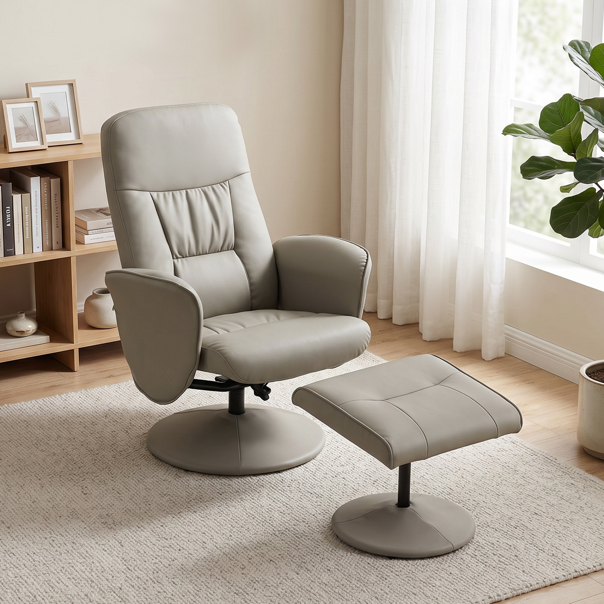 Sillón Relax Reclinable con Reposapiés, Sillón Relax de Cuero Sintético con Respaldo Alto, Giratorio 360°, Reposabrazos, para Salón, Dormitorio, Beige Gris