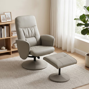 Sillón Relax Reclinable con Reposapiés, Sillón Relax de Cuero Sintético con Respaldo Alto, Giratorio 360°, Reposabrazos, para Salón, Dormitorio, Beige Gris