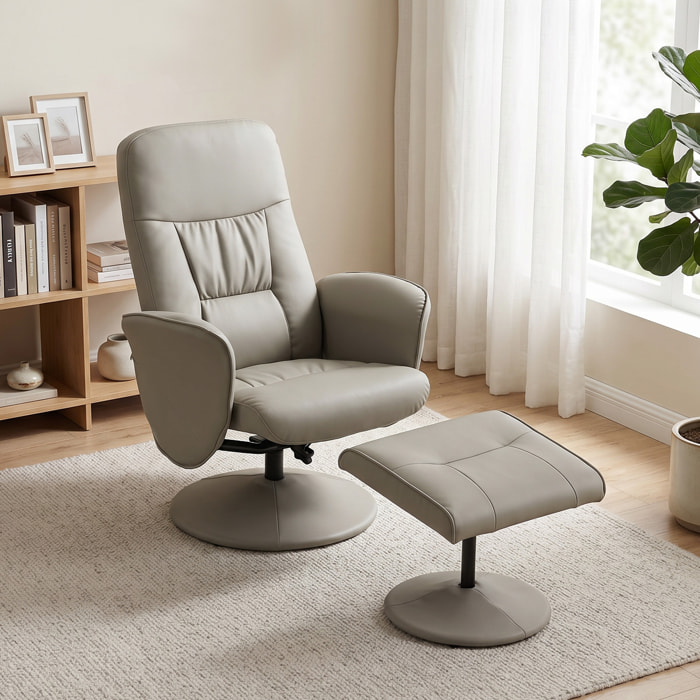 Sillón Relax Reclinable con Reposapiés, Sillón Relax de Cuero Sintético con Respaldo Alto, Giratorio 360°, Reposabrazos, para Salón, Dormitorio, Beige Gris