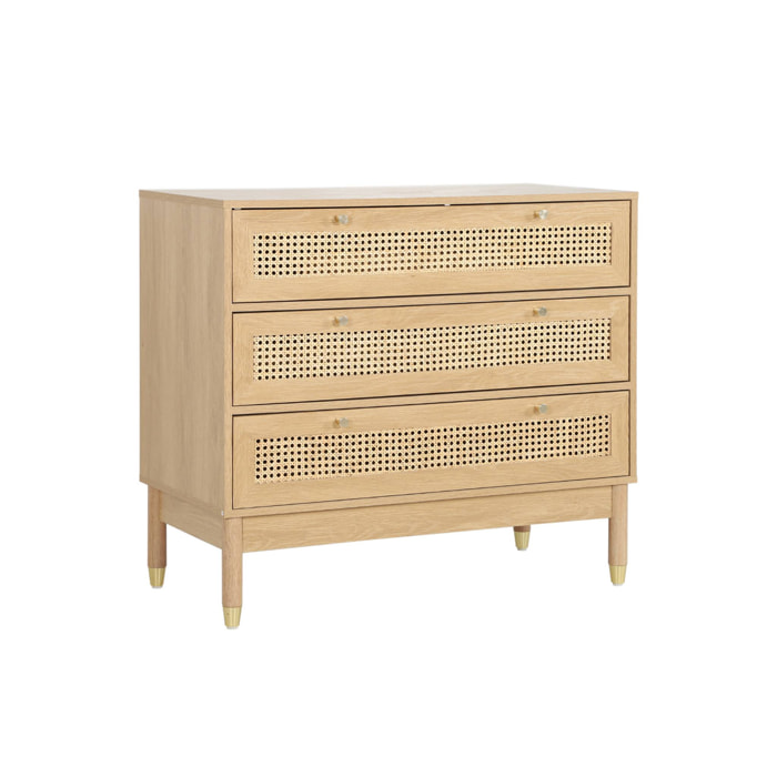 Commode décor bois et cannage 3 tiroirs teinte naturelle - 90 x 40 x 80 cm - Judith