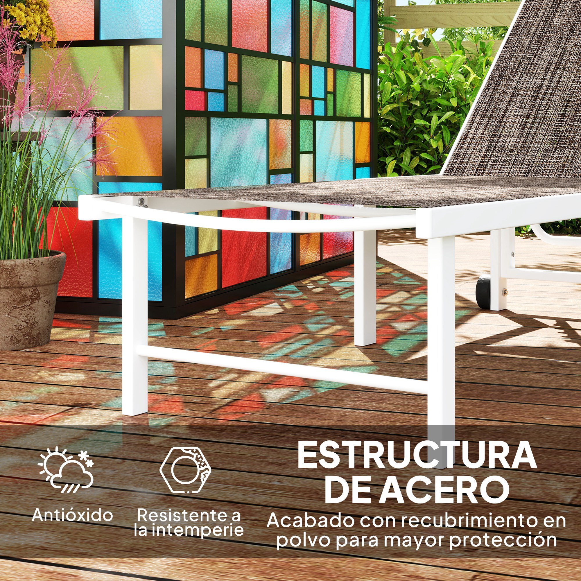 Tumbona Reclinable Tumbona Jardín Exterior con Ruedas Respaldo Ajustable en 5 Niveles y Estructura de Acero Carga 120 kg para Patio Terraza Balcón 166x60x84 cm Marrón