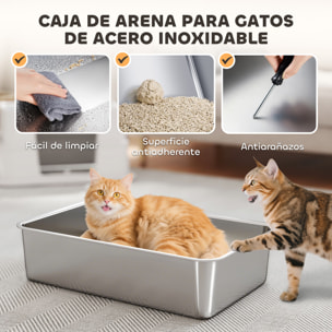Arenero para Gatos de Acero Inoxidable XL Caja de Arena para Gatos Grandes Arenero con Tapa Abatible Laterales Altos Entrada Superior Pala sin Olores Fácil de Limpiar Antifugas Gris Claro