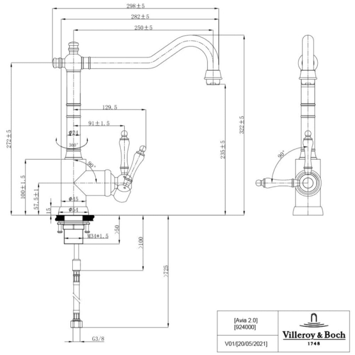 Evier Timbre d'office Tradition 1 bac vidage auto + Robinet de cuisine Avia 2.0 Acier Massif