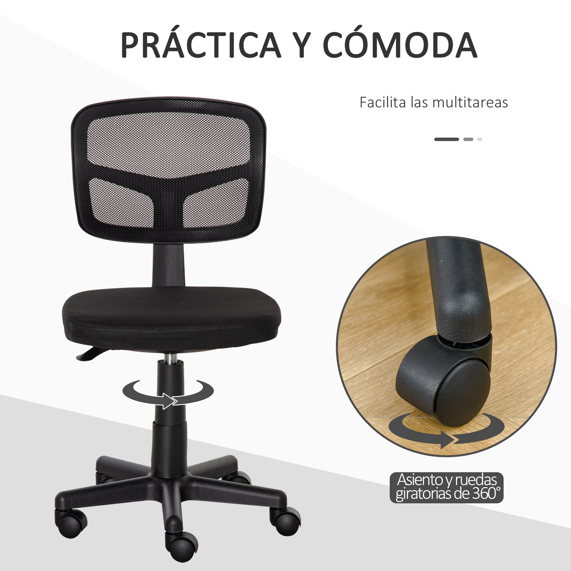 Vinsetto Silla de Oficina Ergonómica de Malla Silla de Escritorio Giratoria 360° con Altura Ajustable Soporte Lumbar Transpirable y Ruedas 43x48x77,5-89,5 cm Negro