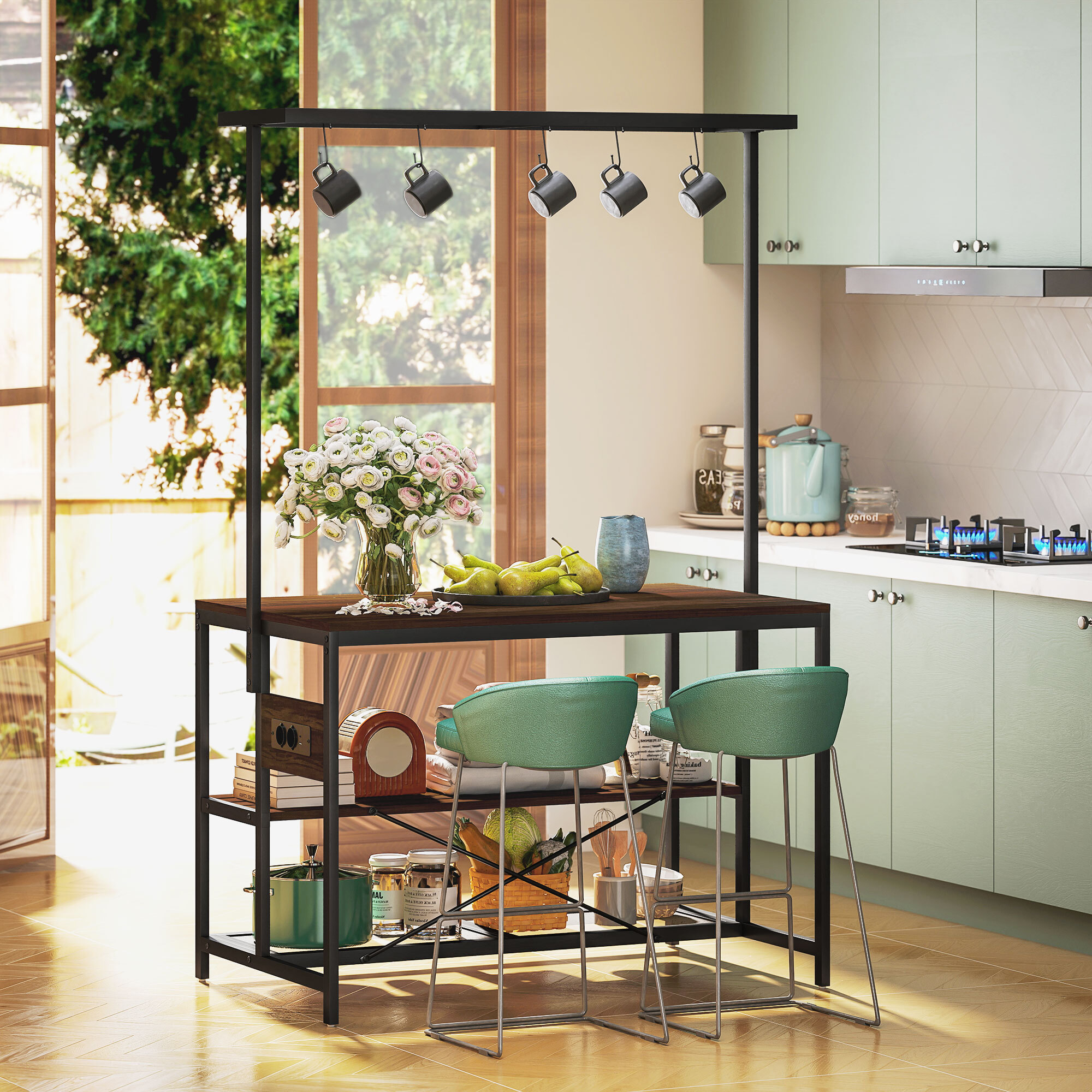 Estantería de Cocina con Toma de Corriente Estante de Cocina Industrial con Estantes Ganchos Mueble Auxiliar para Comedor Salón 116x70x182 cm Marrón Rústico