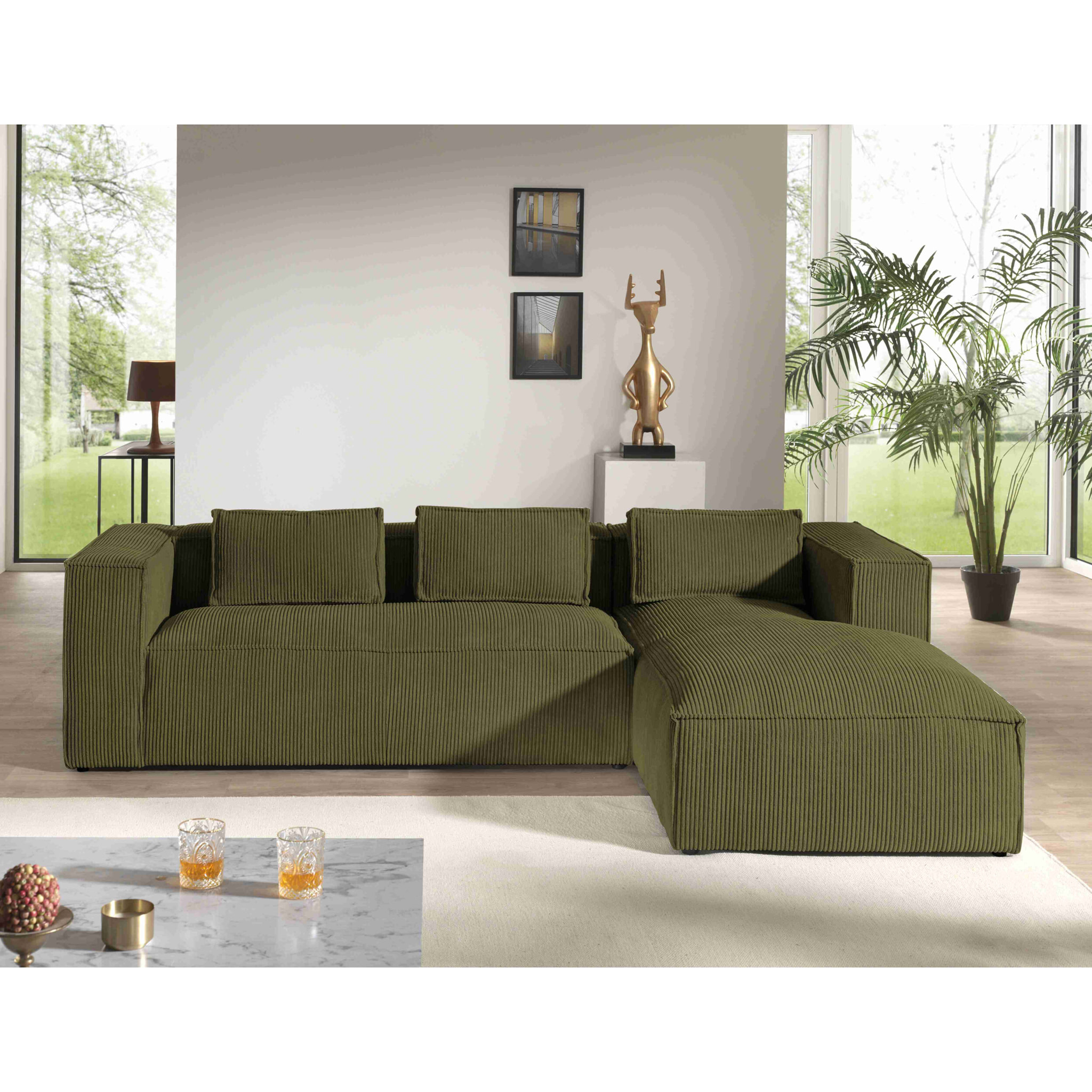 Stella - canapé d'angle droit en velours côtelé - 4 places -style contemporain - Vert
