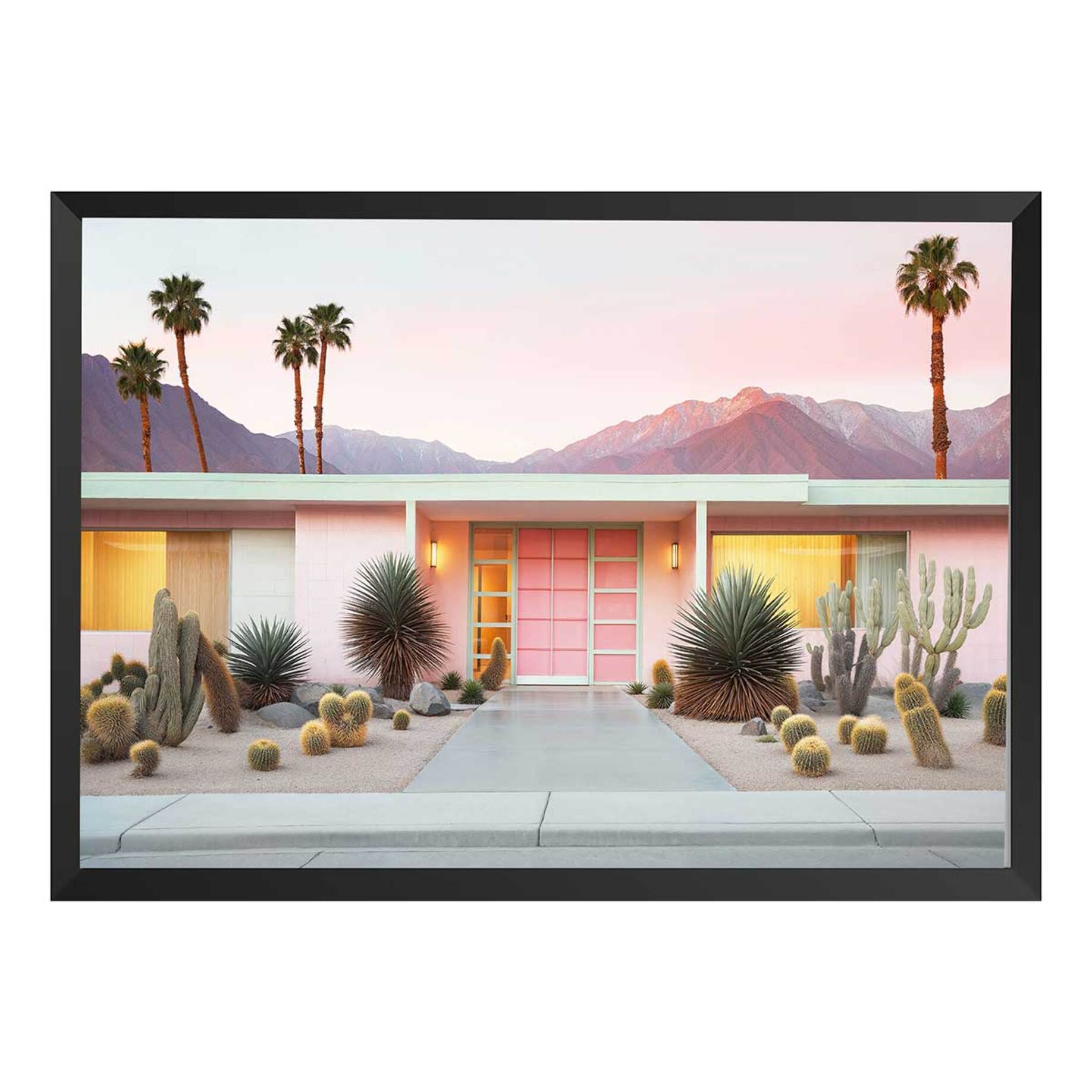 Affiche maison rose à toit plat Affiche + cadre en bois - Noir