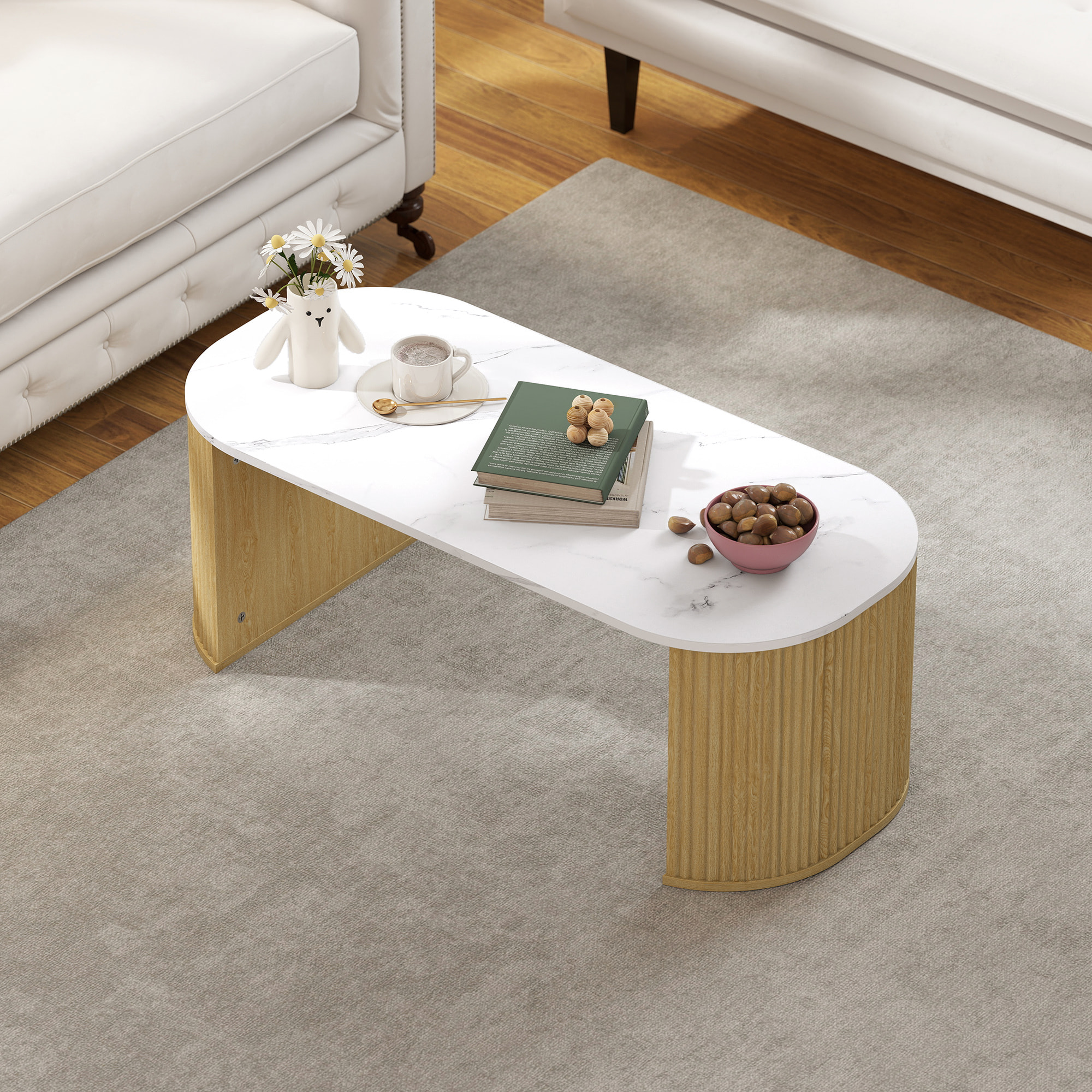 Table basse design ovale effet marbre blanc dim. 110 x 50 x 40 cm aspect bois clair