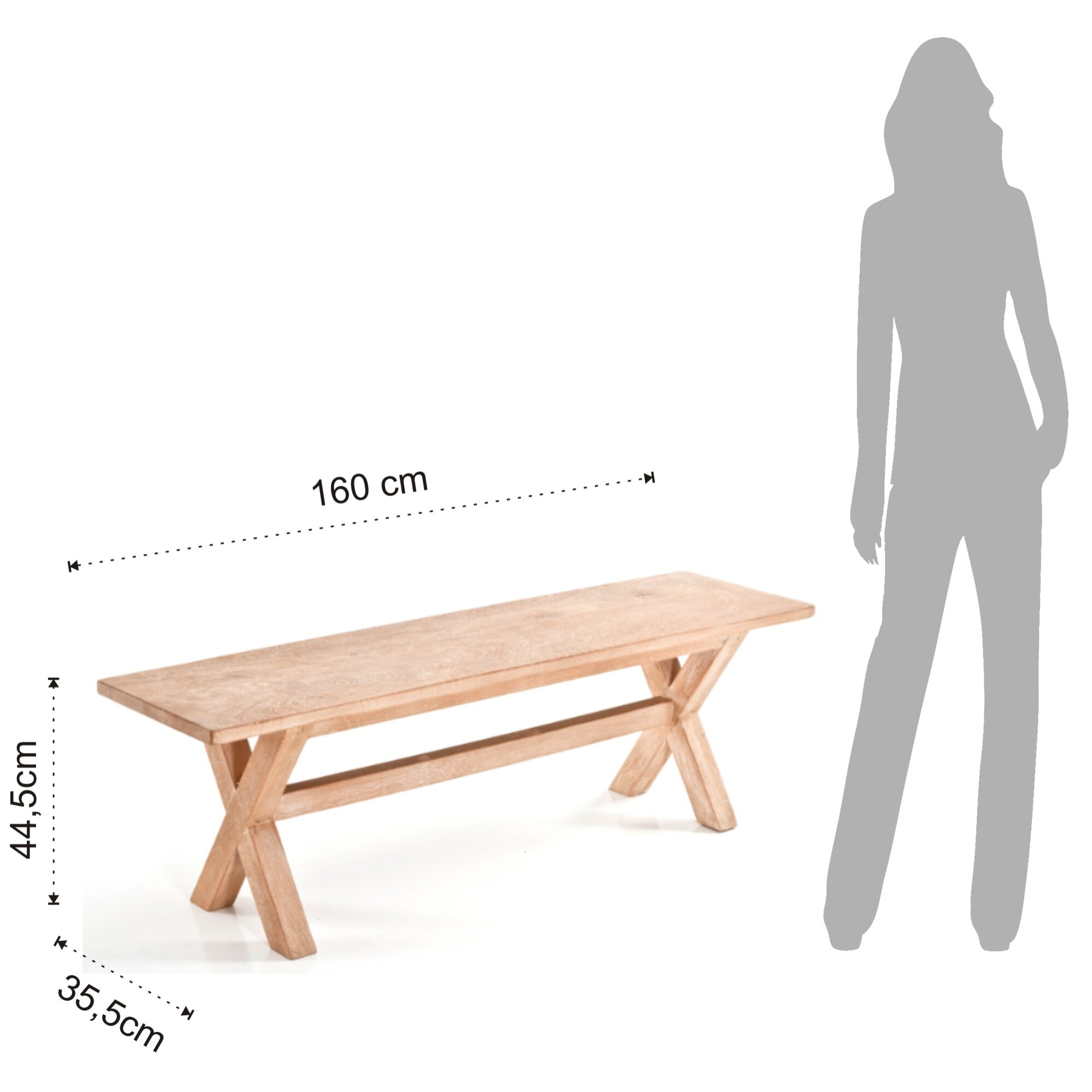 Banc en bois massif de manguier Tomasucci AVIGNONE, intérieur et extérieur, 160 x 35,5 x 44,5 cm